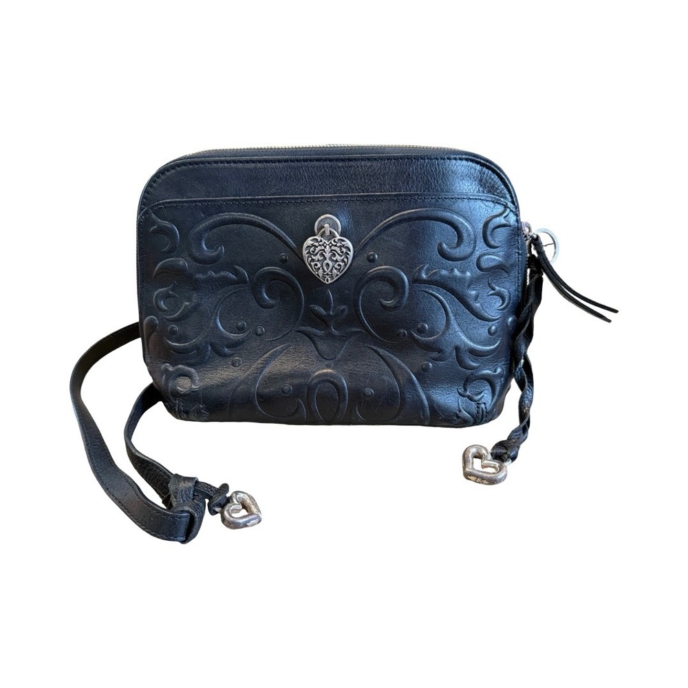 Brighton Black Leather Embossed Scroll Heart Crossbody Organizer Bag E436205